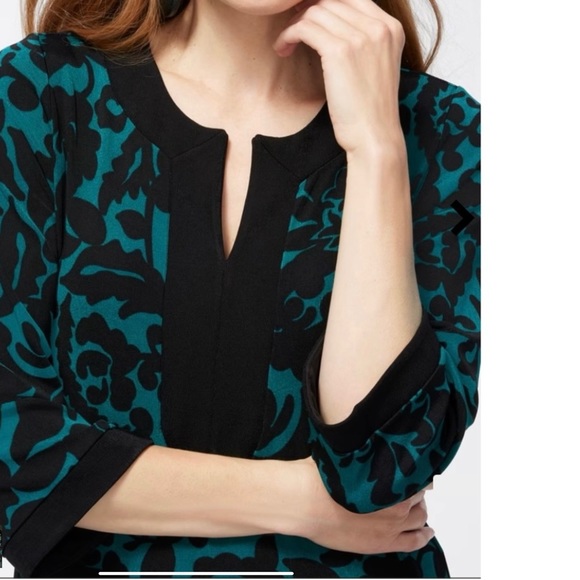 Chico’s Travelers Tunic size 2 (12/14) Foliage Tales Kurta 3/4 top Black Teal - Picture 2 of 13